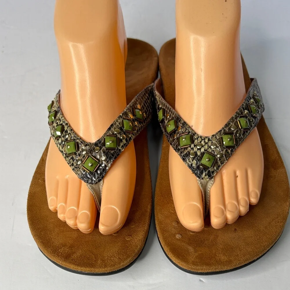 Vionic Floriana Bead Reptile and Embellished Thong Olive Sandals